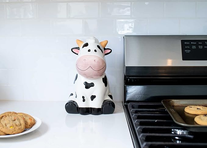 Dolomite Ceramic 10.5 x 7.1 Everyday Cookie & Candy Jar with Airtight Lid: Perfect for Kitchen Canisters, Pet Treat Containers & Decorative Farmhouse Storage, Cute Spotted Cow