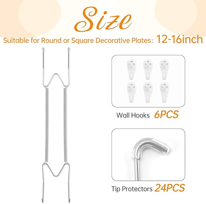 6 Pack Plate Hangers for The Wall, Suitable for 12-16 inch Art Plate, Stainless Steel Invisible Heavy Duty Wire Plate Holder with Wall Hooks, Plate Hangers for Displaying Plates, Platter, Dish, Silver
