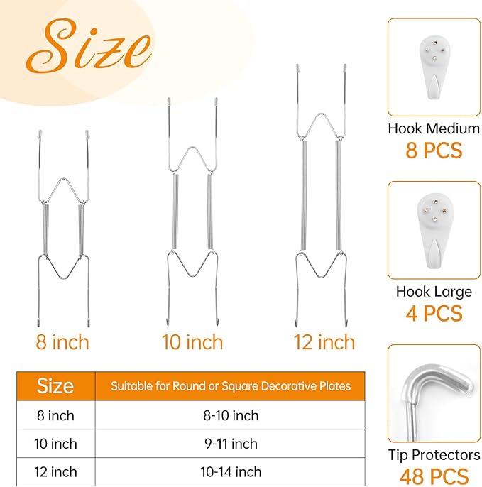 Bilillo 12 Pieces Plate Hangers, 8/10/12 Inch Invisible Wire Holders for Wall Display in Various Sizes with 12 Pieces Wall Hooks for 7.5 to 12.5 Inch Decor and Arts (Silver)