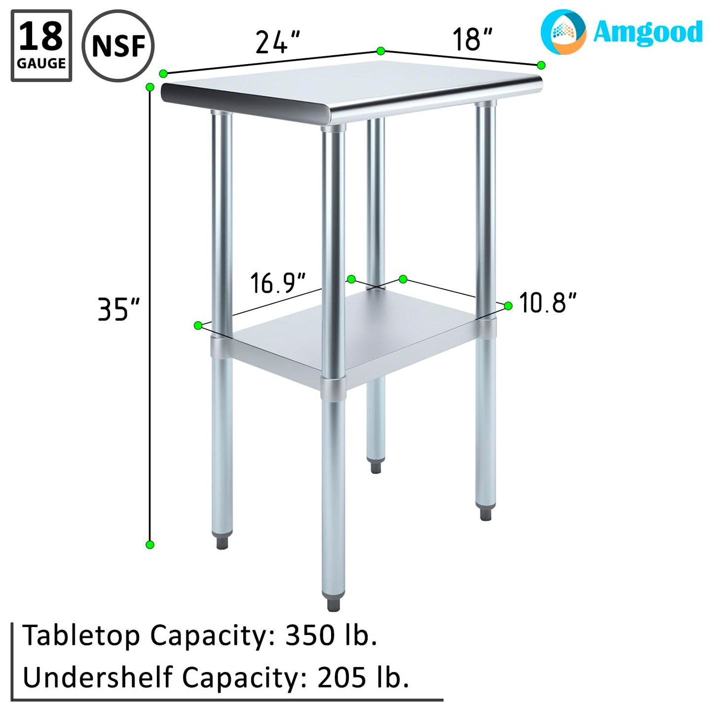 AmGood 18 in. x 24 in. Stainless Steel Work Table | Metal Kitchen Food Prep Table | NSF