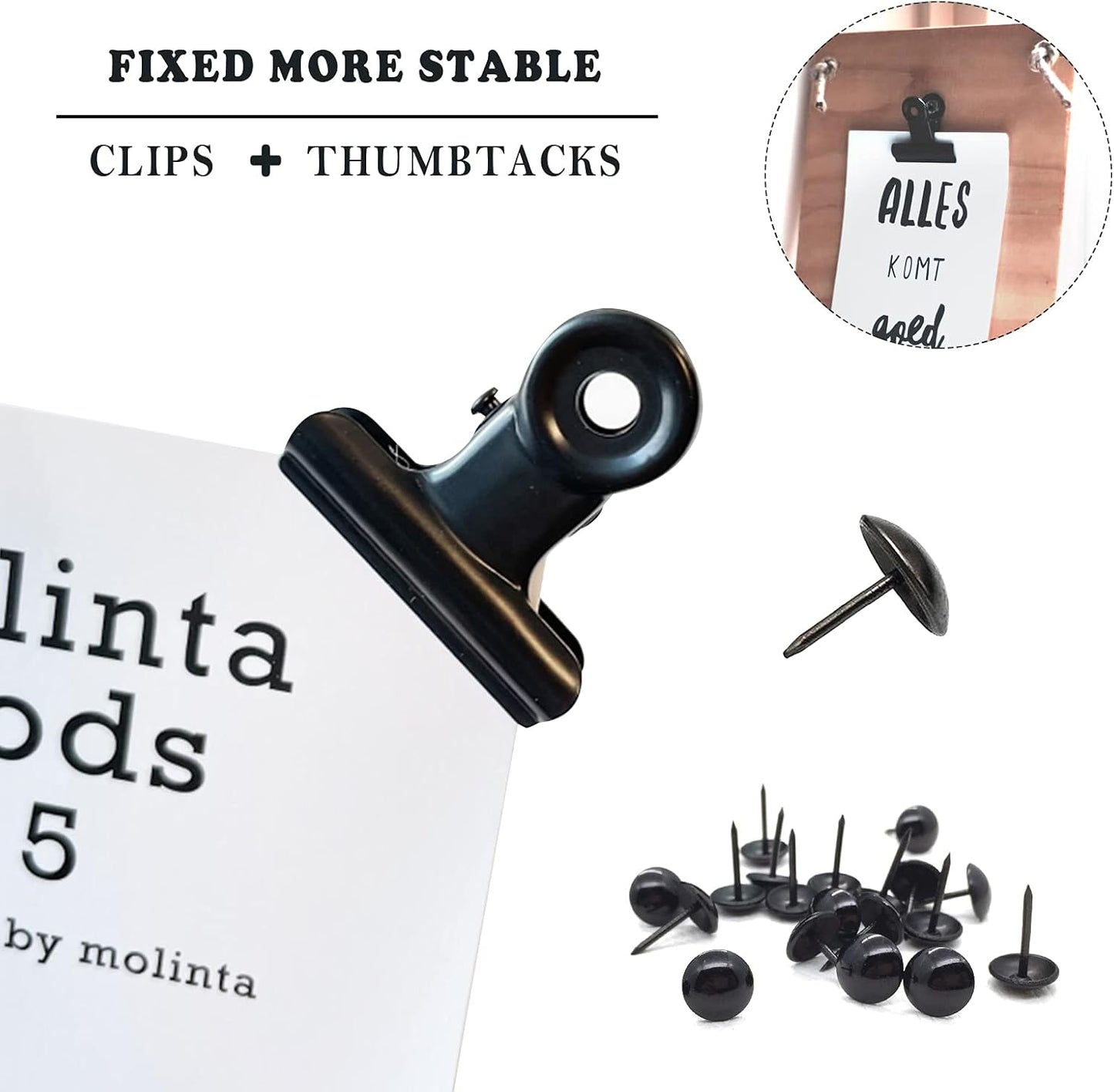 32 Pack Metal Clips & Push-pins for Corkboard & Crafts, Mini Binder Clips for Office & School (Black, 0.85 in)
