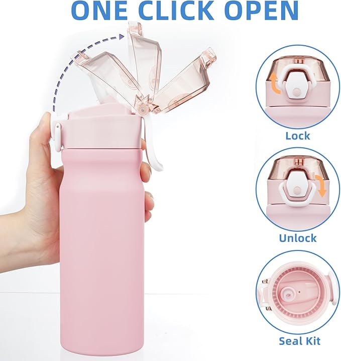 BJPKPK Water Bottle with Straw 18oz Insulated Water Bottles Reusable Stainless Steel Metal Thermal Flask with Leak Proof Lockable Lid and Carry Handle,Light Pink