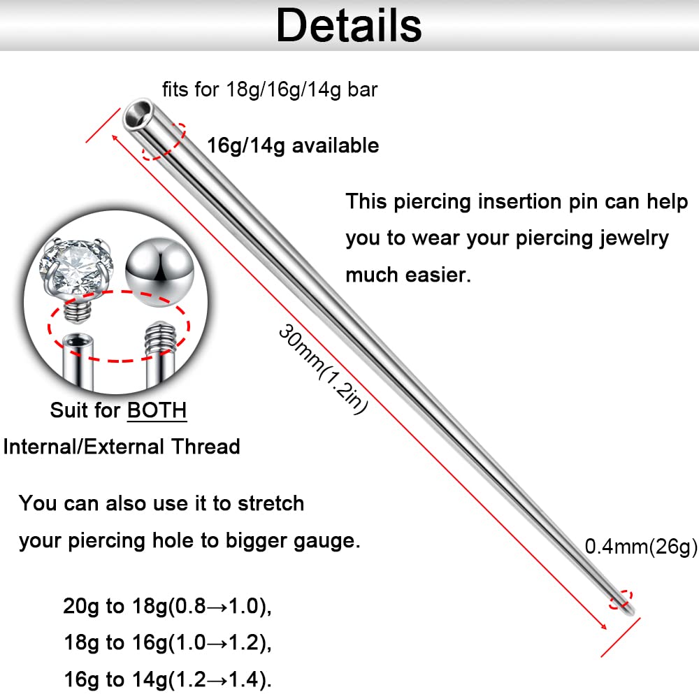 14g/16g/18g ASTM F136 Titanium Piercing Taper Insertion Pin for Internal Thread Tragus/Helix/Lip/Nose/Helix/Piercing Jewelry Car