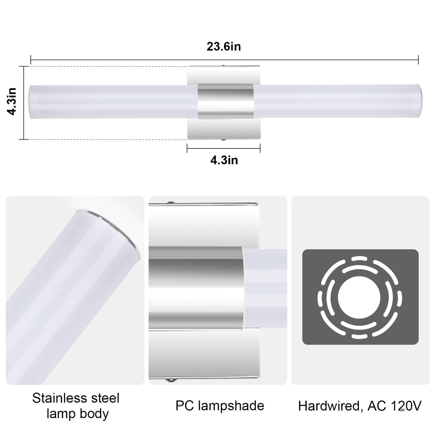 Trlife Dimmable Bathroom Vanity Light Fixture, 12W Led, 24 Stainless Steel, 3 Color Temperature, Model Vanity-3Co-60L