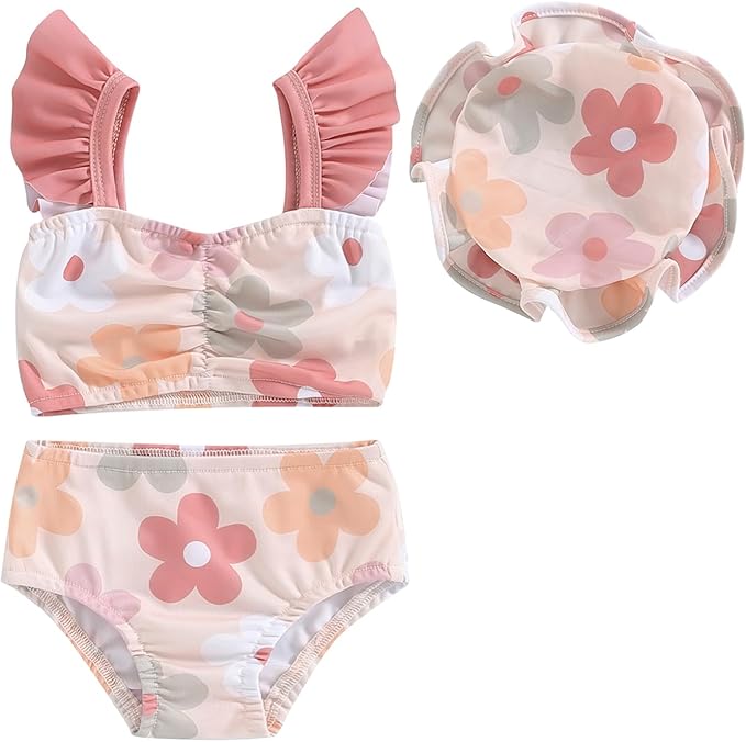 Xiaodriceee Toddler Baby Girl Two Piece Swimsuit Floral Print Fly Sleeve Tankini Bathing Suit Beach Swimwear Bikini