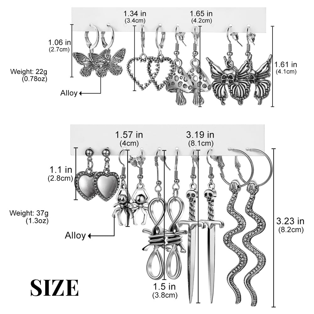 Halloween Gothic Earrings Set, Metal Punk Goth Vintage Silver Snake Spider Butterfly Dagger Dangle Drop Earrings for Women, Grunge Y2K Emo Jewelry Pack Party Costume Accessories (Style1)