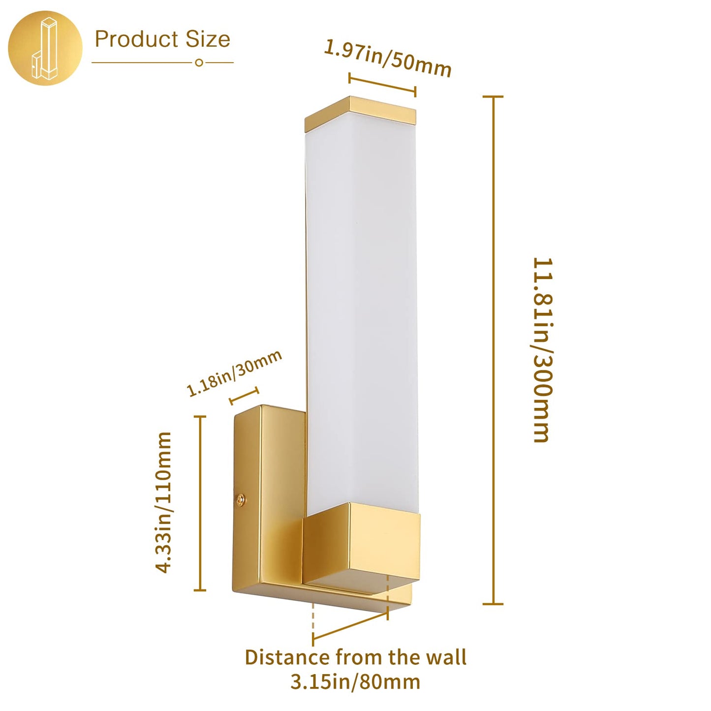 7Degobii Gold Wall Lights For Bedroom Modern Indoor Led Hallway Sconces Corner Light 12 Inch Height 12W 4000K Bedside Stair Sconces Wall Lighting Lamps 110V Ac