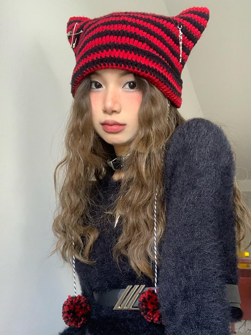 Y2k Beanies Crochet Knitted Cat Hats Goth Cross Devil Hat Striped Alt Emo Accessories Grunge Y2k Aesthetic Clothes (Gray,One Size)