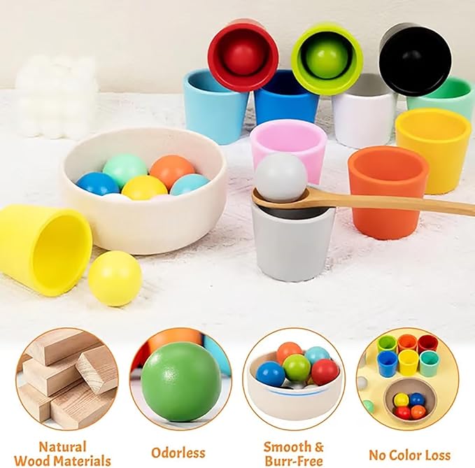 Rainbow Balls in Cups Toddler Toys, Montessori Wooden Color Sorting Toys for Toddlers 1-3, Educational Preschool Learning Game, Fine Motor Skills Montessori Matching Toy for Kids(1pc)