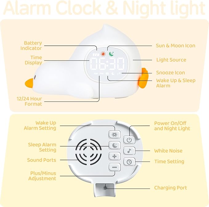 Yiliaw Alarm Clock for Kids with Night Light, Sleep Training Clock Time to Wake Clock, Rechargeable Silicone Light for Bedroom, Perfect Sleep Companion for Boys Girls, Laying Duck