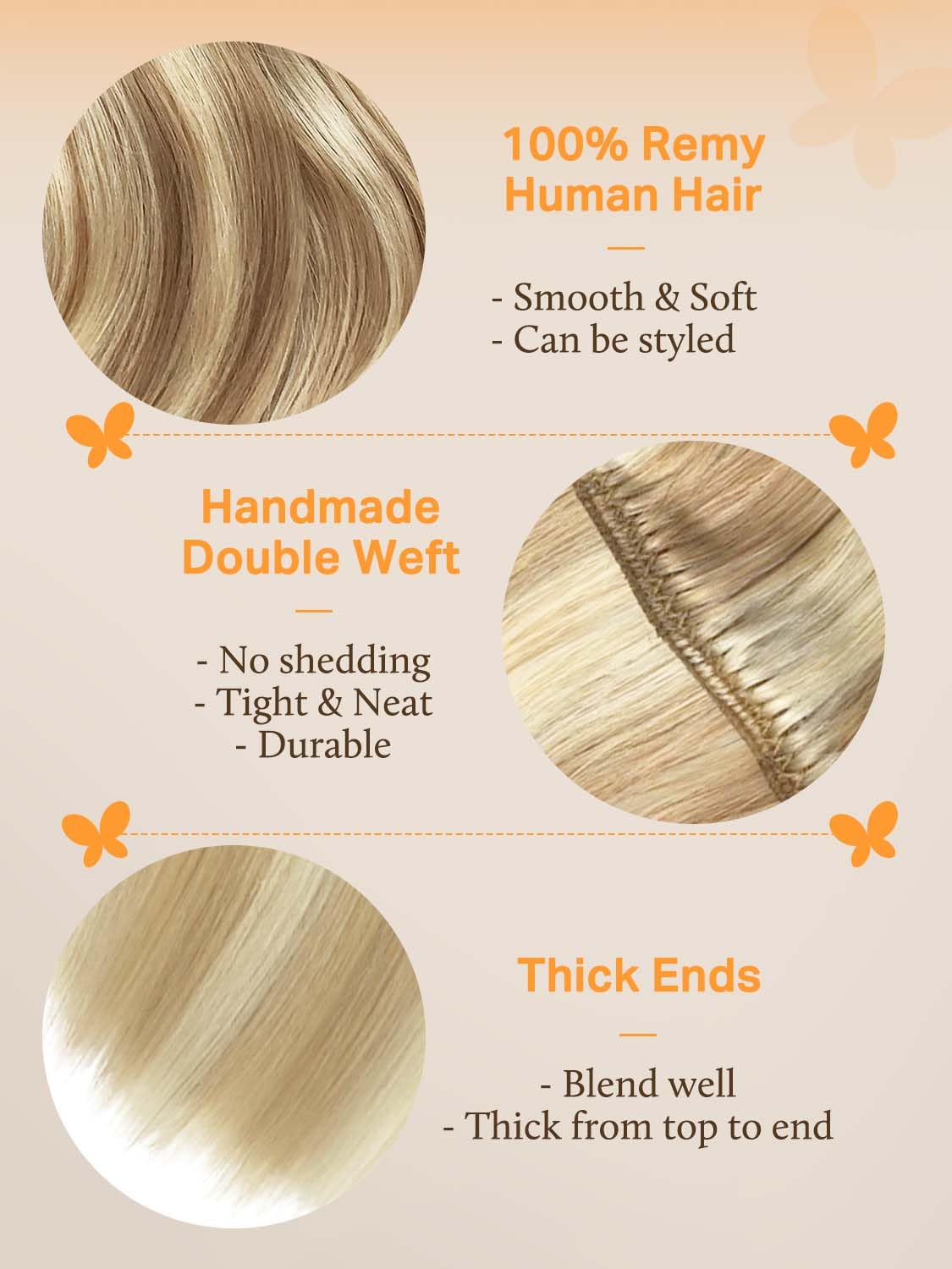 DOORES Sew in Hair Extensions Real Human Hair, Dark Blonde Highlighted Bleach Blonde 14 Inch 80g, Hand Tied Natural Straight
