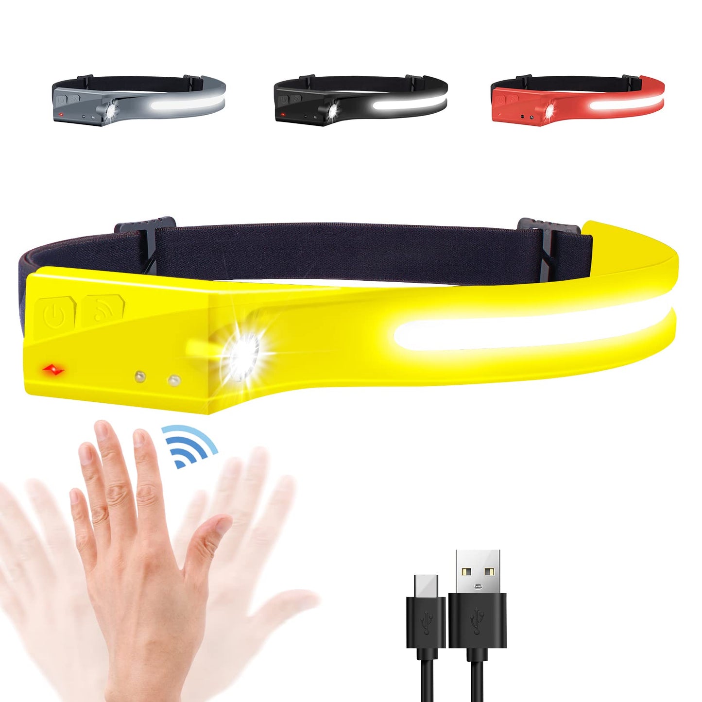 EGUKU Headlamp Flashlight 1200 Lumens Rechargeable LED 2 COB 230° Wide Beam Waterproof Lemon Yellow Model 1934
