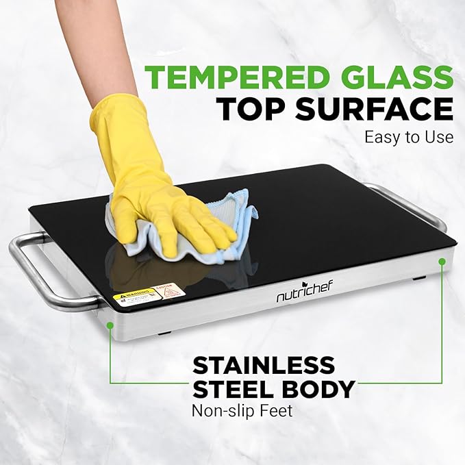 Nutrichef Electric Hot Plate Tray Dish Warmer with Black Glass Top | Ideal for Home, Buffet, Parties, Kitchen & Dinners | Portable & Perfect for Tables or Countertops | 14.5'' L x 8.6'' W