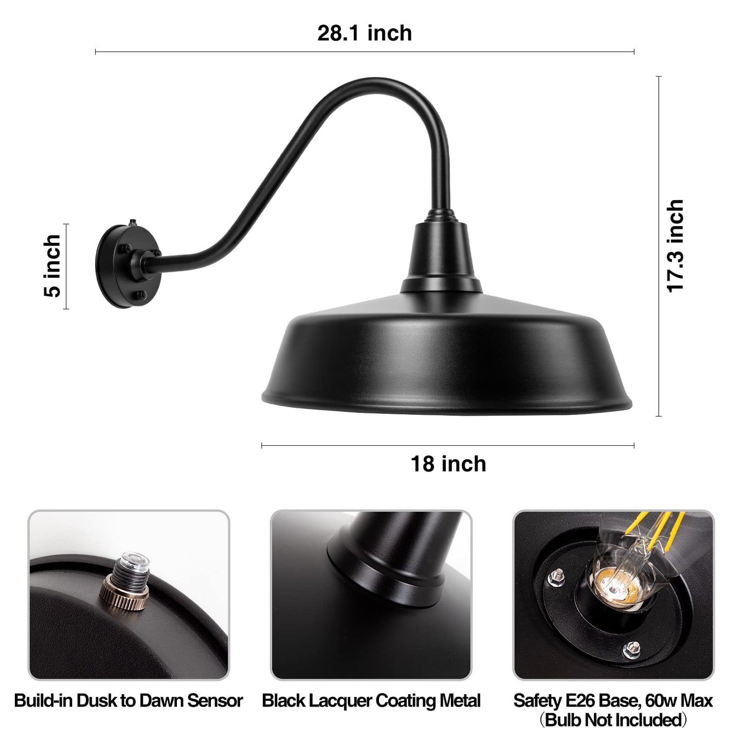 Metojia Gooseneck Barn Light - 18 Black Metal Exterior Sconce With Dusk To Dawn Sensor For Porch, Garage, And Front Door