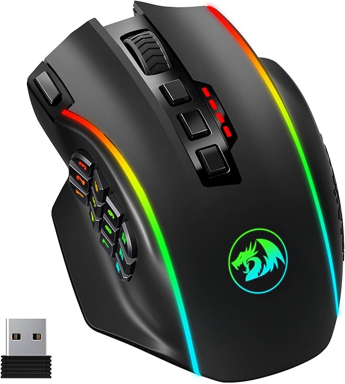 Redragon Wireless Gaming Mouse, MMO Gaming Mouse UP 16,000 DPI, 16 Macro Programmable Buttons, RGB Rechargeable with 12 Si...