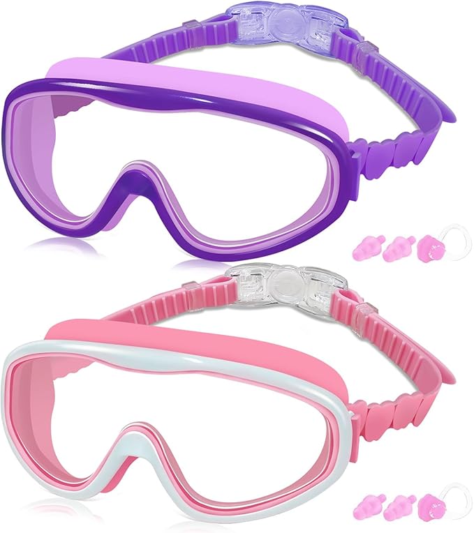 COOLOO Kids Swim Goggles for Age 3-15, 2 Pack Kids Goggles for Swimming with Nose Cover, No Leaking, Anti-Fog, Waterproof