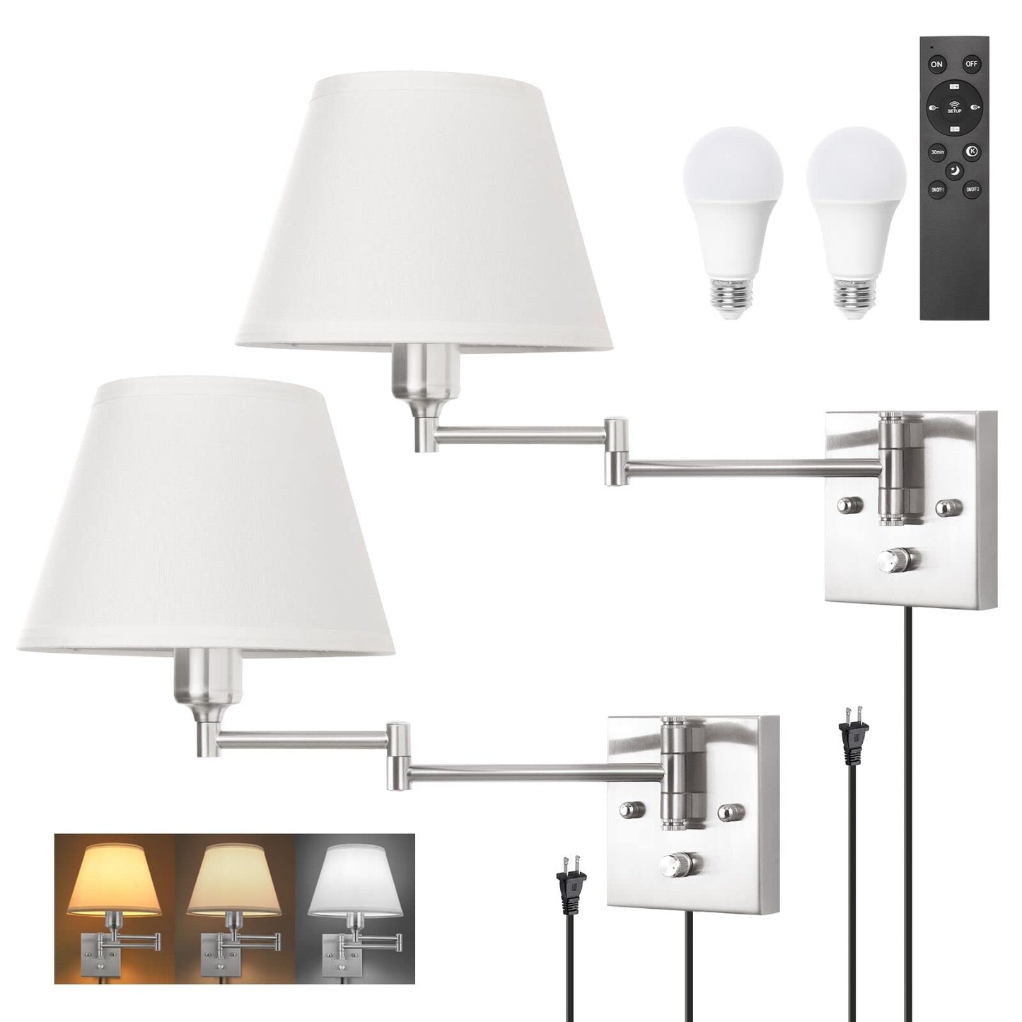 TRLIFE Wall Sconces Plug-in, Remote Control, Dimmable, 9.4in Medium White Fabric Shade, Model BYsconce-M-ReWhi, 2 Pack