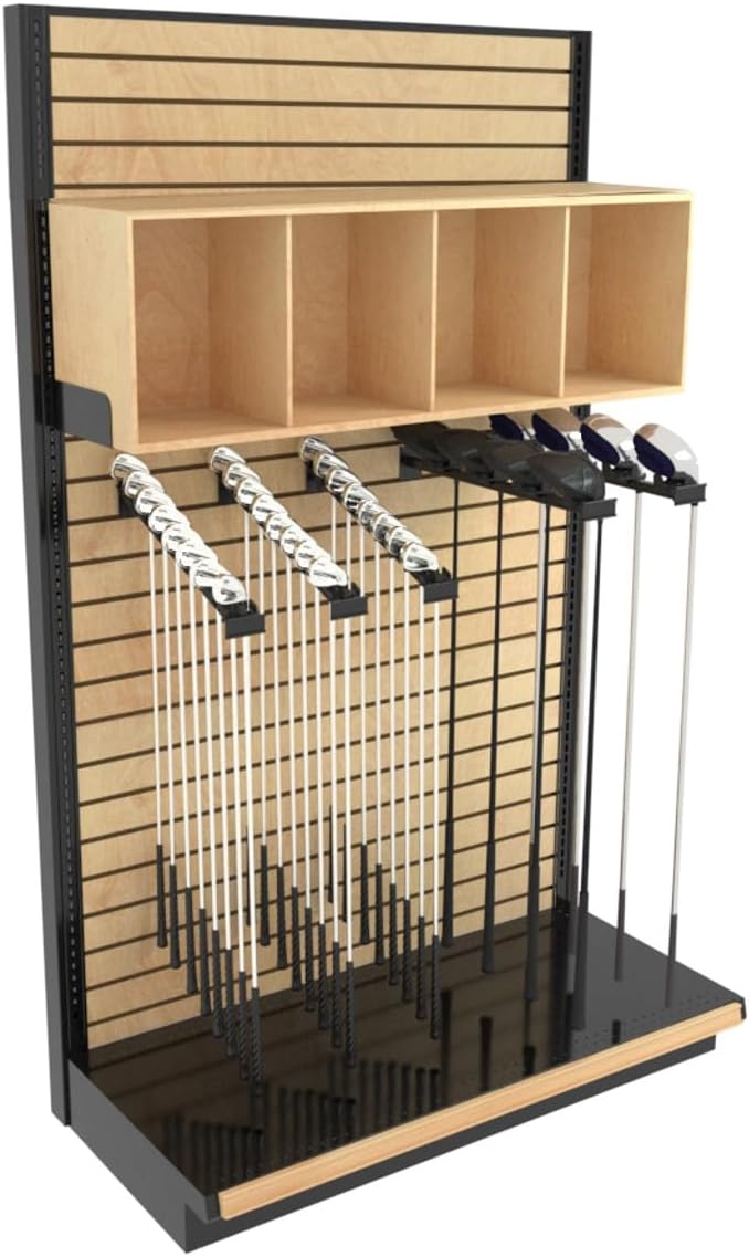 ClubExhibit Elite™ Golf Club Slatwall Retail Display Rack for 32 Golf Clubs with 4 Wood Bins, 48"W x 84"H x 25"D Industrial Grade Made in USA