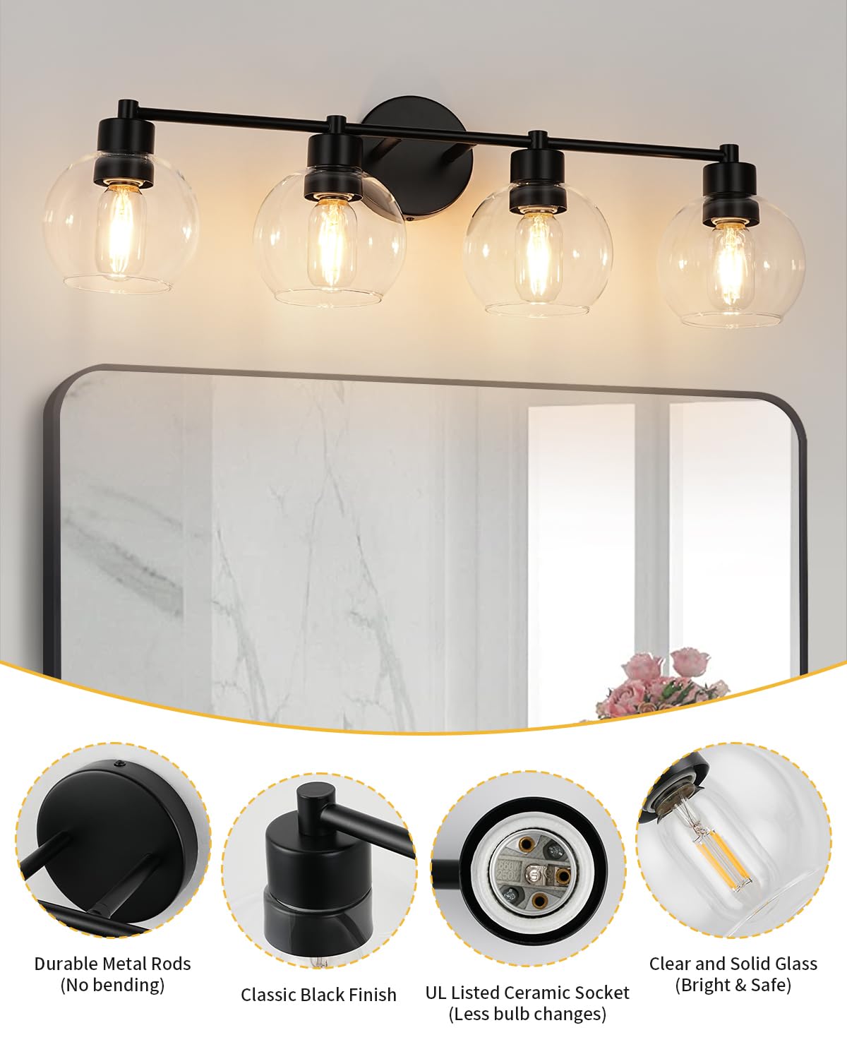 Wilon Matte Black Vanity Light  Modern 4 Light Bathroom Vanity Light With Globe Clear Glass Shades  Wall Sconces With E26 Base  Bathroom Lighting Fixtures Over Mirror  Wall Lamp For Bedroom