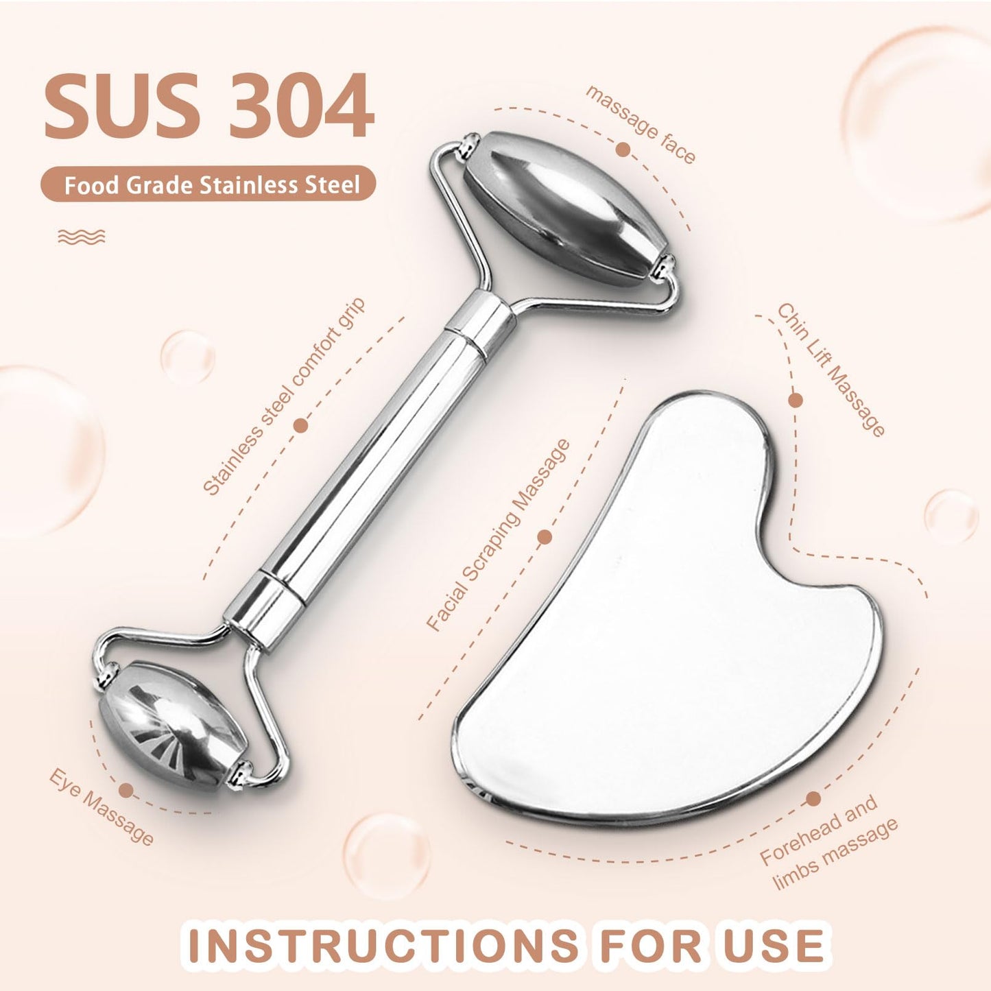 CUTELIILI Stainless Steel Facial Roller & Gua Sha - Metallic Gua Sha, Gua Sha Facial Tools 304 Stainless Steel, Face Body Treatm
