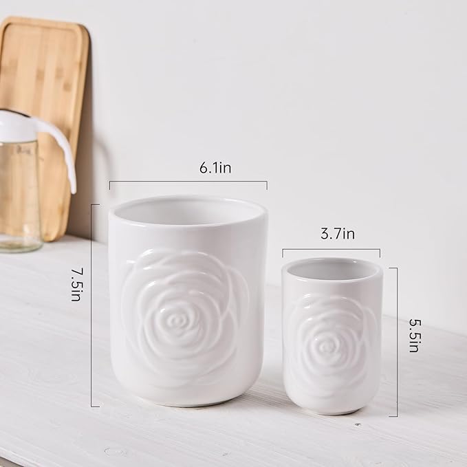 Large Utensil Holder Set of 2, 7.5"+ 5.5" - Ceramic Kitchen Countertop Utensil Crock for Spatulas, Spoons & Cooking Tools, Farmhouse Kitchen Counter Decor, White Rose