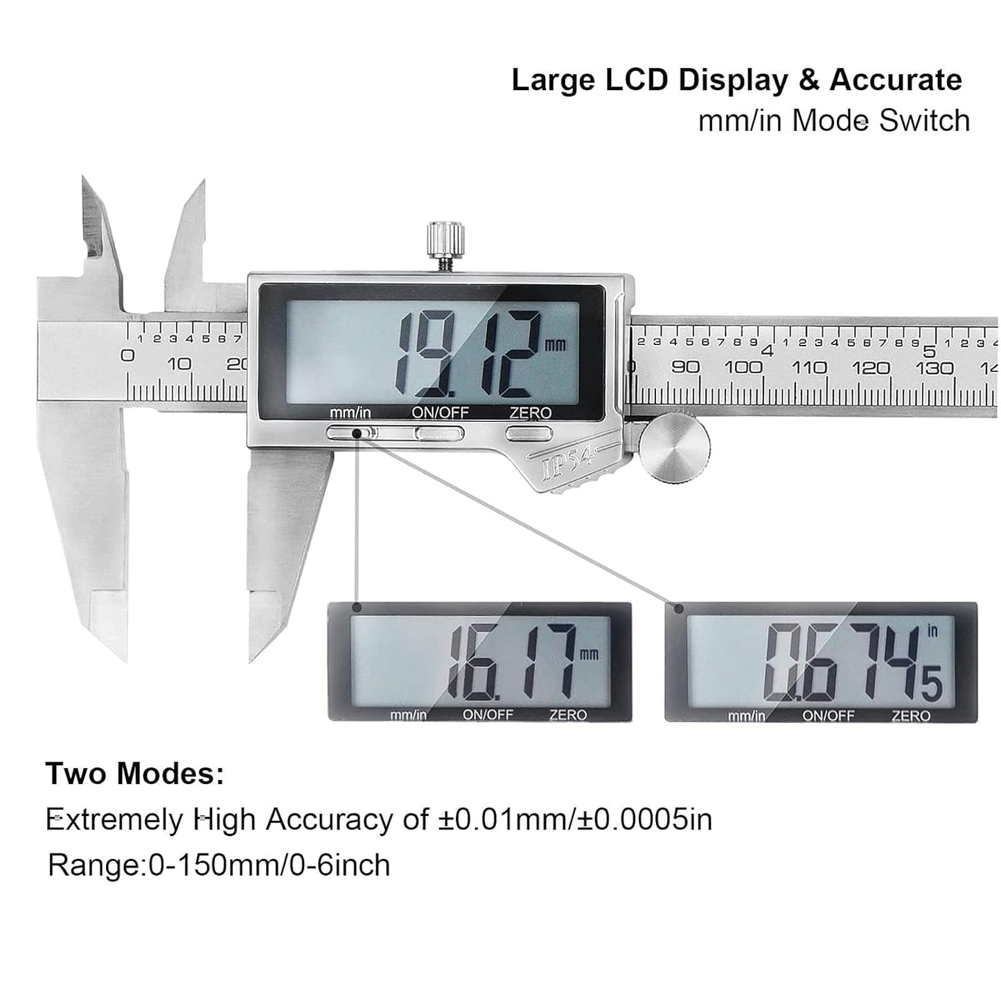 Electronic Digital Vernier Caliper, LOUISWARE Stainless Steel Caliper 150mm/0-6 inch Measuring Tools with Extra-Large LCD Screen, inch/Metric Conversion