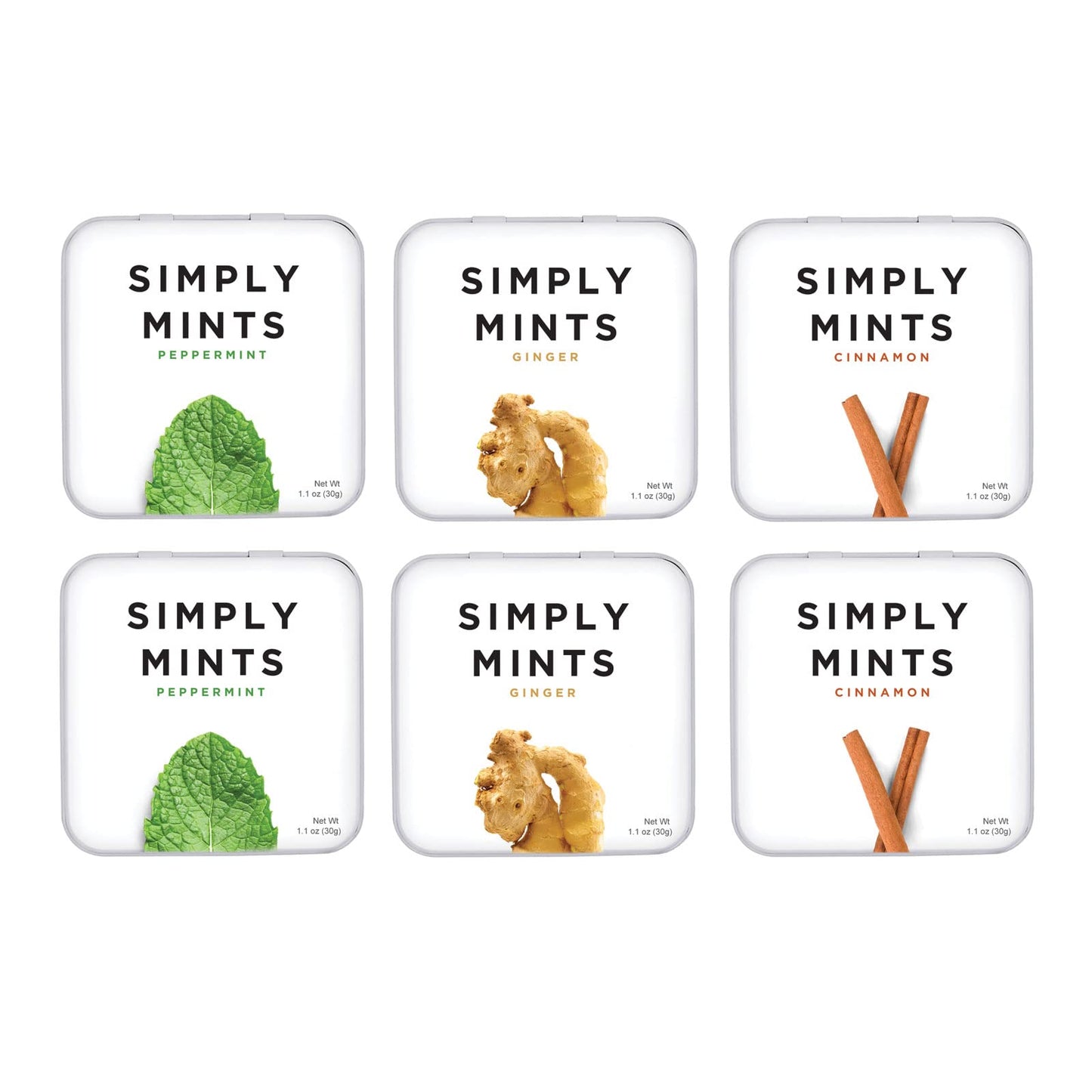 Simply Mints | Variety Pack - Peppermint, Ginger, Cinnamon | Pack of Six (180 Pieces Total) | Breath Freshening + Aspartame-Free