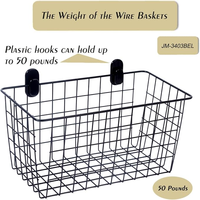 2 Pack【Extra Large】Hanging Kitchen Basket,Wire Storage Basket,with Traceless Tape and 3M High-Strength Plastic Hooks,no Drilling,for Cabinet Storage,Kitchen,Bathroom,Storage Room,large capacity
