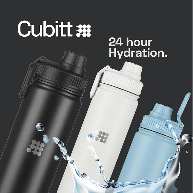 Cubitt Insulated Sports Hydro Water Bottle 24 oz, 2 Lids (Coffee Lid and Wide Mouth Twist Sports Lid), Stainless Steel, Double Walled. Cold for up to 24 hours, Hot for up to 12 hours. (White 24 oz)
