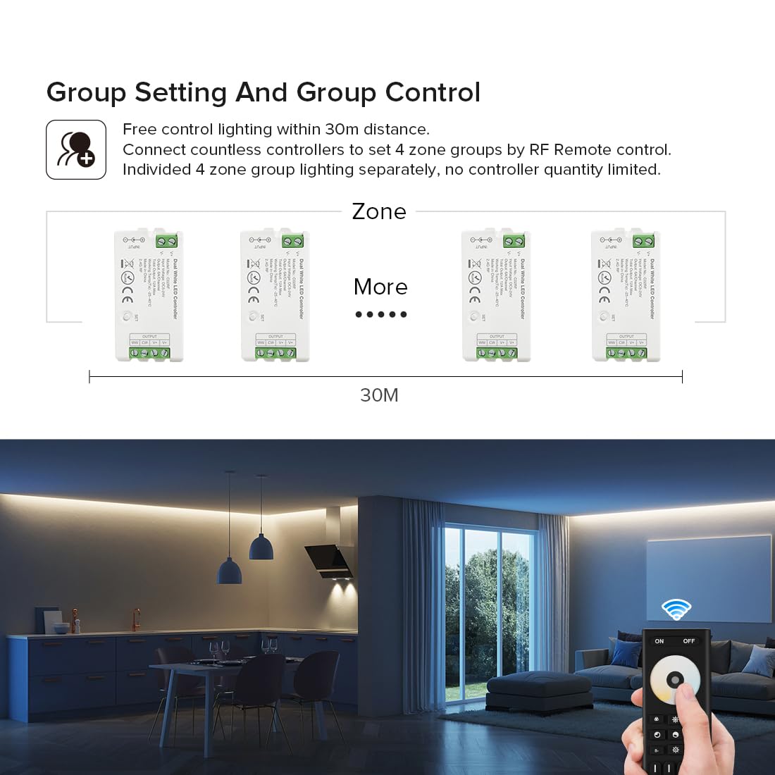 BTF-LIGHTING RF Remote Controller Kit, 4 Zone PWM CCT, DC5V/DC12V/DC24V, Model RC02RFB+4XC02RF, Color Cct