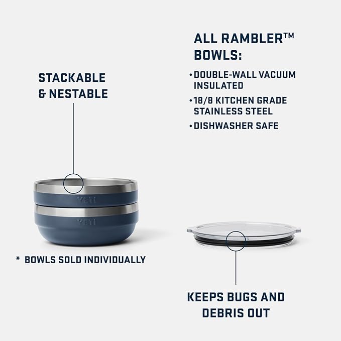 YETI Rambler Low Bowl, Vacuum Insulated, Stackable and Nestable Stainless Steel Bowl with Lid, 0.7 Quart, White