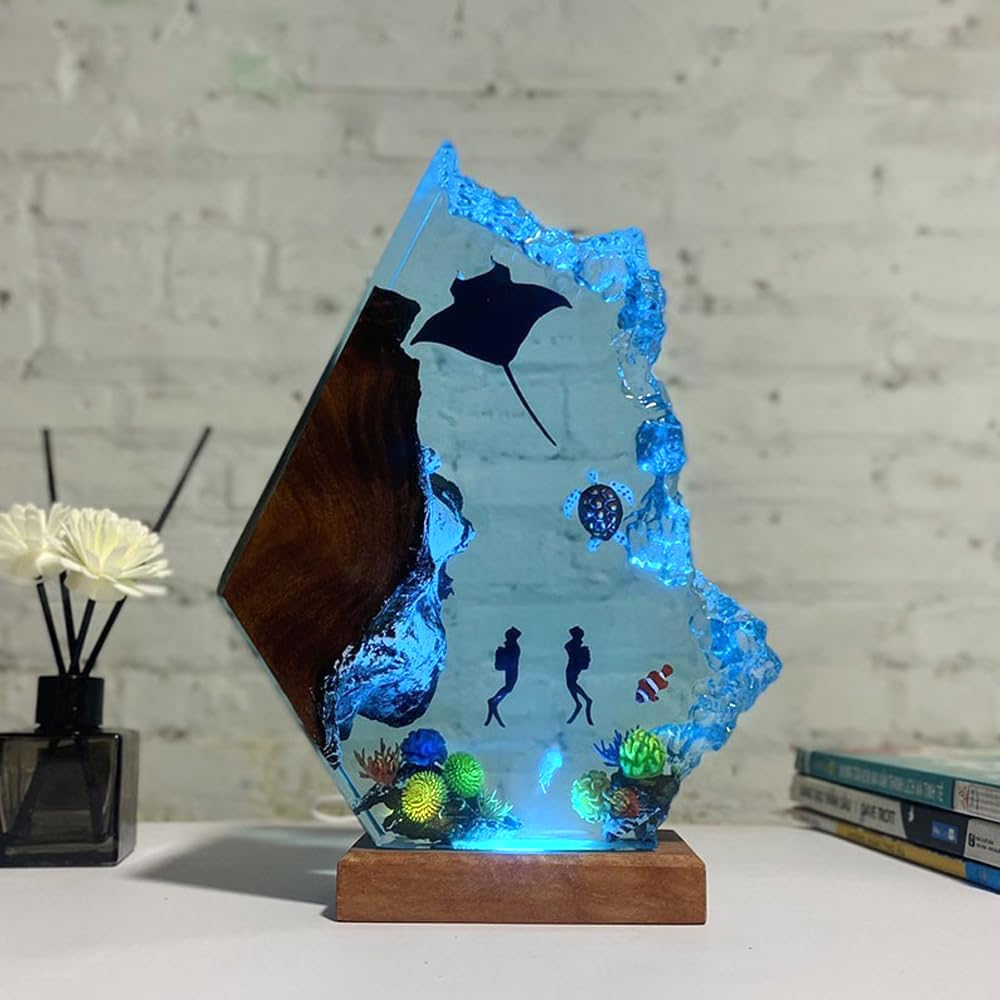 Nice Hera Handmade 3D Ocean Resin Lamp - Usb Powered Resin Ocean Night Light With Wooden Base  Variable Lights  Scuba Diver Gifts  Bedroom Decor  Unique Gifts For MotherS FatherS Birthday