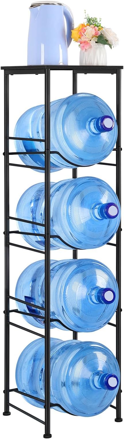 ETELI 5 Gallon Water Jug Holder 4 Tier Gallon Water Bottle Holder with Storage Shelve Water Cooler Jug Rack Stand for 5 Gallon Water Dispenser Organizer for Kitchen, Office, Living Room, Black