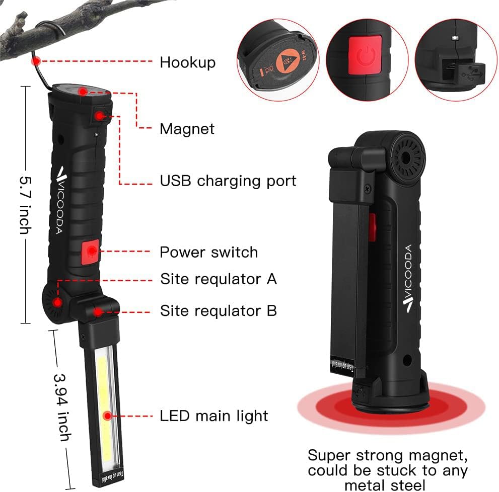 VICOODA LED Rechargeable Work Light with Magnetic Base, Hanging Hook, 360° Rotate, 5 Modes, USB Portable Mechanic Light for Car Repair, Grill, Outdoor, Emergency, Tight Spaces (4 Pack)