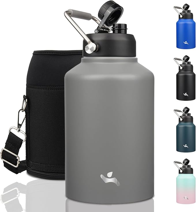 1 Gallon Jug with Handle,128 oz Insulated Water Bottle with Carrying Pouch, Double Wall Vacuum Stainless Steel Metal Bottle,Gray