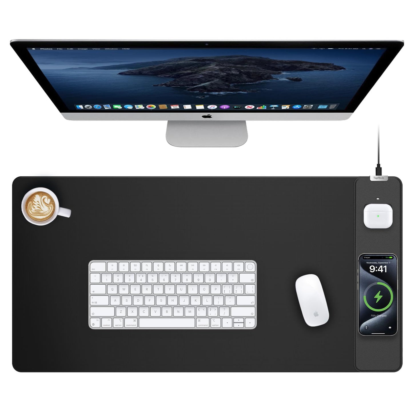 TopMade Mouse Pad with 15W Wireless Charging, Gaming Mousepad Home Office Large Desk Pad with Ultra-Smooth Surface, Non-Slip Base, Waterproof Keyboard Pad, Classic Black Desk Mat