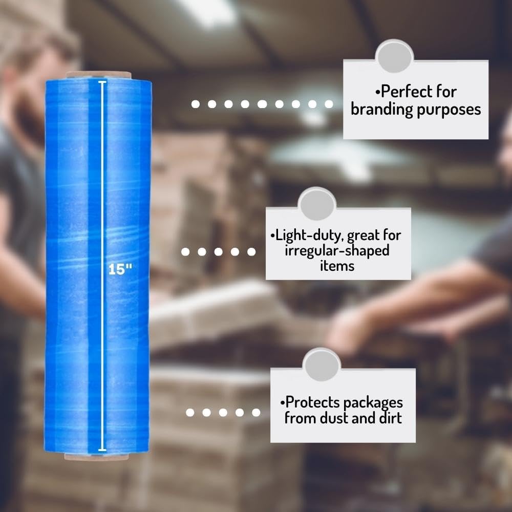 PSBM Blue Stretch Wrap, 15 Inch x 1476 Feet, 4 Pack, Tinted Pre-Stretched Shrink Wrap Film for Moving, Packaging, Pallet Wrapping