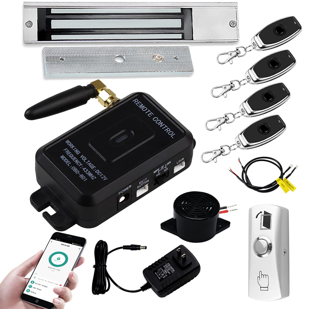 HERNAS Smart Phone APP Unlocking Access Control System Kit, with Remote Controllers / 280KG(600lbs) Magnetic Lock/Power Adapter, Lock Delay Time Adjustable