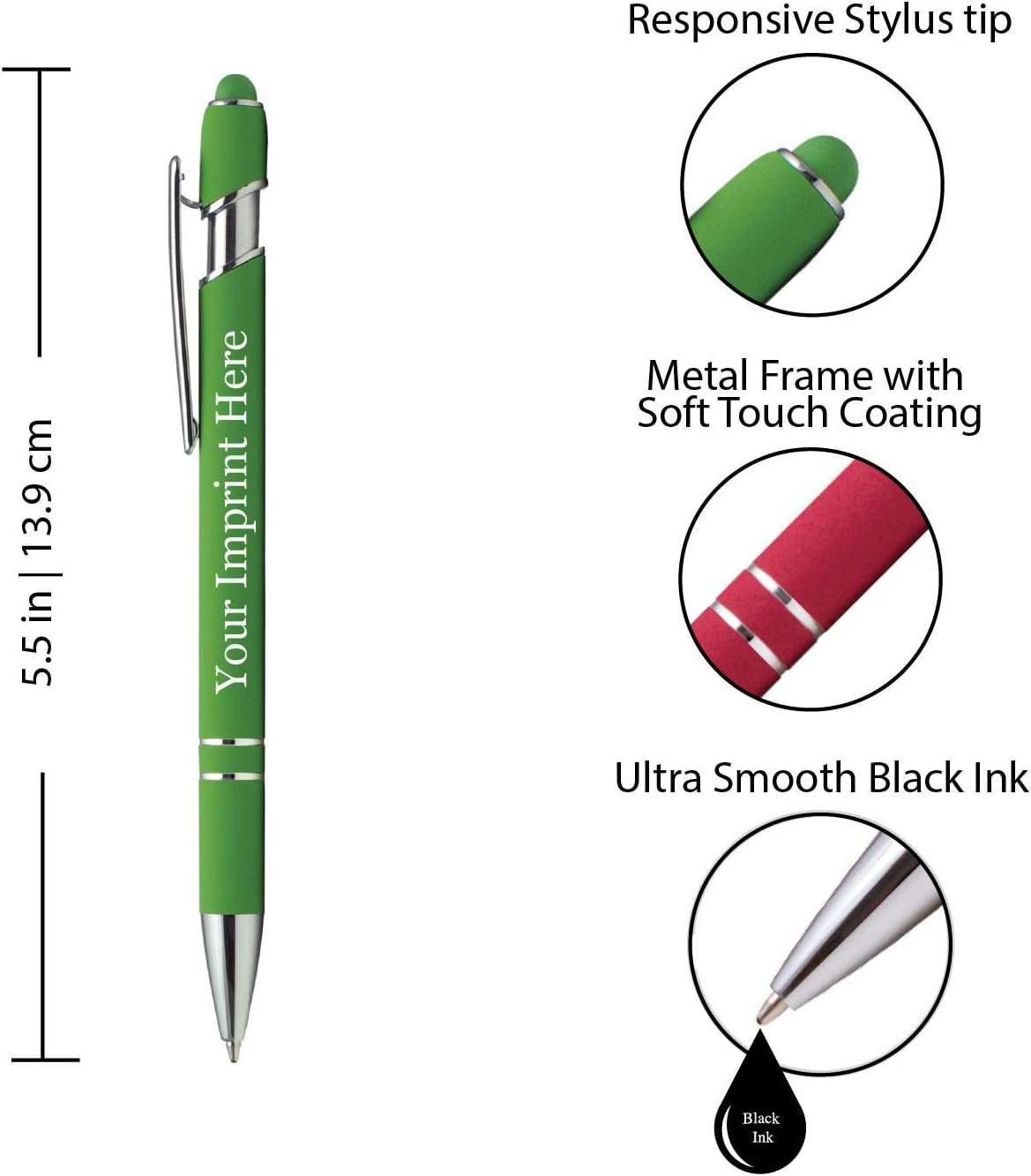 ExpressDesigns™ - Premium Custom Pens with Stylus | Burst of Color | Personalized Soft Touch Metal Printed Name Pens w/Black Ink - Imprinted w/Logo or Message - 12 pcs/pack (Green)