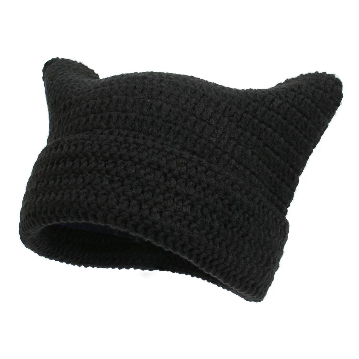 Y2k Crochet Hats for Women Cat Ears Hats Warm Striped Knitted Beanies Grunge Accessories Goth Beanie Slouchy Headgear (US, Alpha, One Size, Black)
