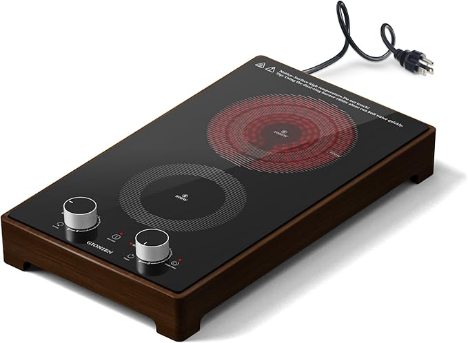 12 Inch Electric Cooktop with 2 Burner,110V-120V, 1800W,Plug in Electric Stove Top with Countertop Support Frame‌,Countertop & Built-in,Glass Radiant Cooktop with Knob & Touch Control