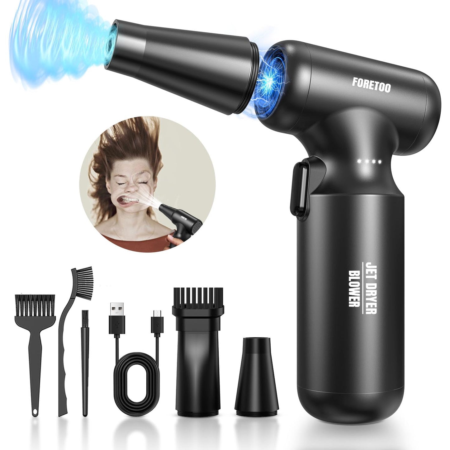 Foretoo Compressed Air Duster- Mini Blower-Turbo Fan-Rechargeable Cordless Air Blower 300000Rpm-Car Dryer Air Blower -3 Gear Spe
