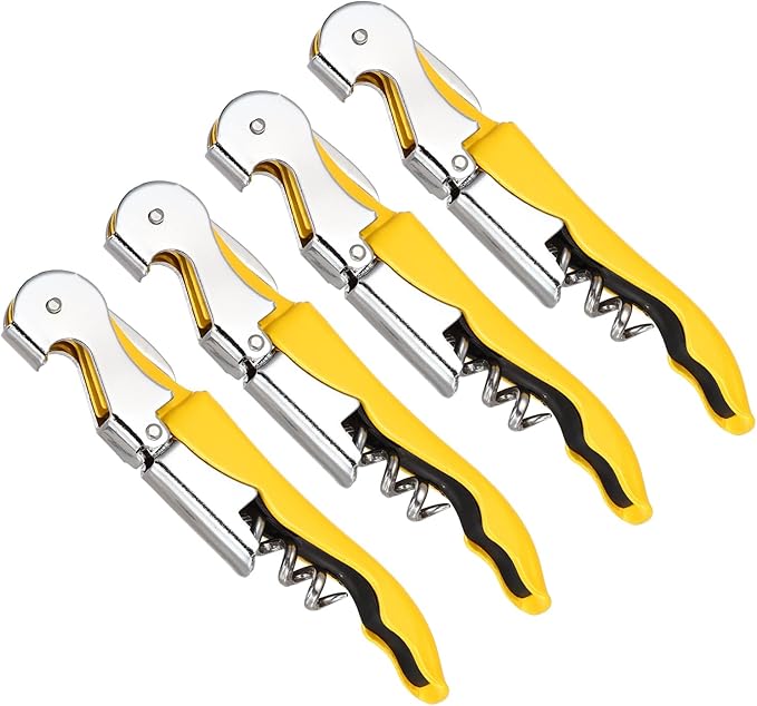 uxcell 4 Pcs 4.8" Stainless Steel Wine Opener, Waiter Corkscrew Professional Wine Key Bottle Opener with Double Hinged Foil Cutter for Bar Servers Waiter Bartender and Home, Yellow