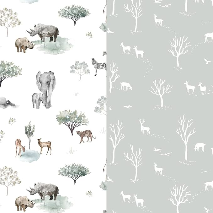 GRSSDER Stretch Ultra Soft Jersey Knit Fitted Crib Sheets Set 2 Pack，Fit All Standard Crib Mattress Pads Safe and Snug, Crib Fitted Sheet for Boys and Girls, Pretty African Savannah Animals Pattern