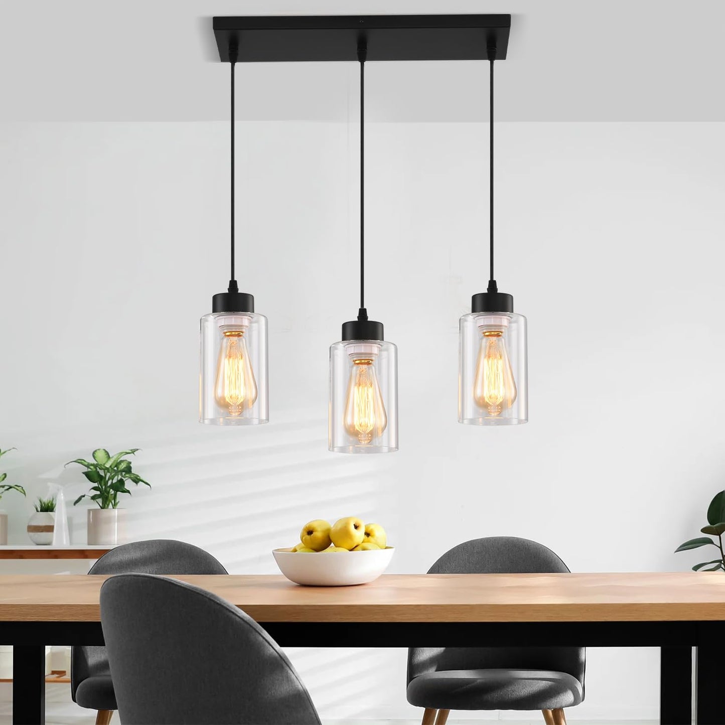 Cafulam Black Chandelier Farmhouse Light Fixtures Over Table  Dining Room Light Fixture Kitchen Island Lighting Chandeliers Modern Pendant Light With Clear Glass Shade Industrial Hanging Lighting