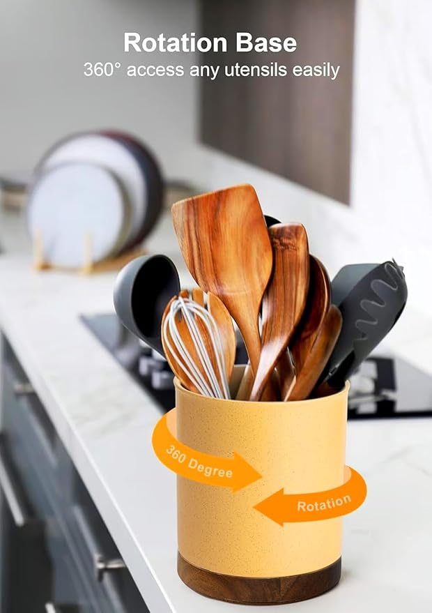 Nucookery 360°Rotating Utensil Holder, 7.2" Kitchen Utensil Crock, Ceramic Cooking Utensil Organizer with Countertop-Protection Cork Bottom for Farmhouse Kitchen Decor Christmas (Yellow Sand)