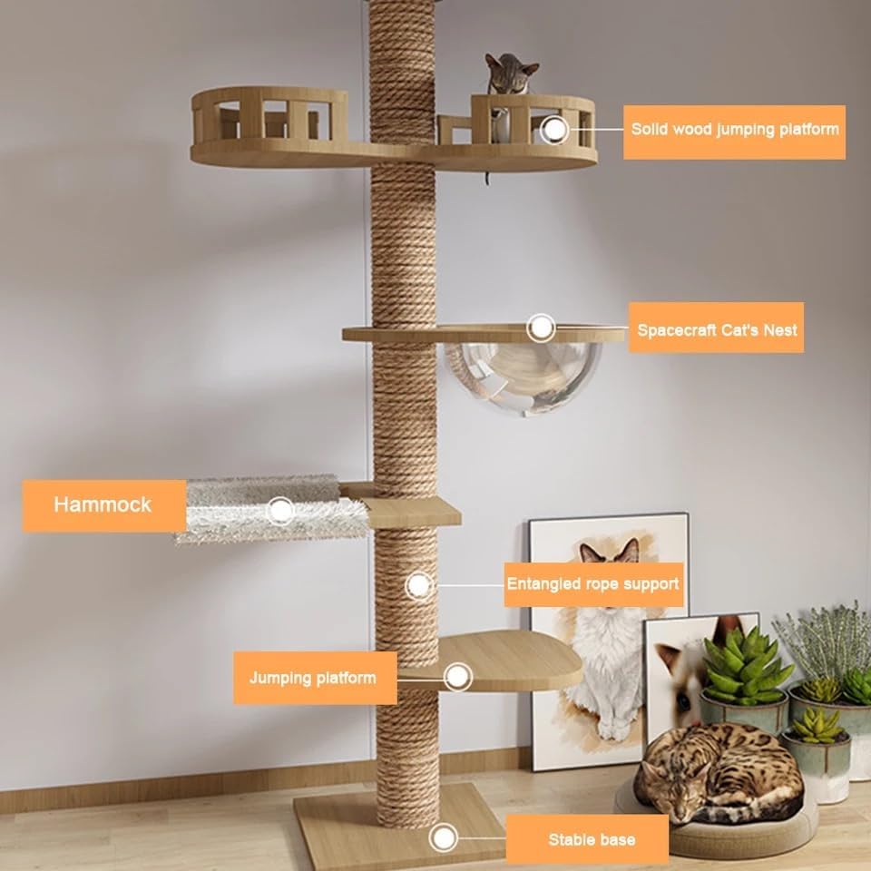 Cat Tree Floor to Ceiling,Cat Tree Height Adjustable from Floor to Ceiling（92“-108”）, Tall Climbing Tree, Equipped with Scraping Pillars, Comfortable Bed, Observation Deck, Space Capsule