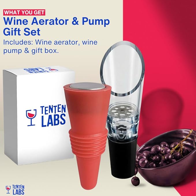 TenTen Labs Premium Wine Aerator Pourer and Wine Stopper (2-pack) - Bottle Stopper - Comes with Gift Box (Red)