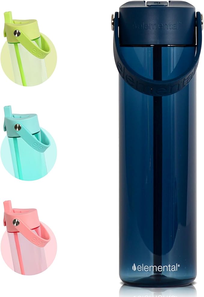 Elemental Splash Water Bottle with Straw - BPA-Free Tritan Plastic Reusable Water Bottle with Strap - Ideal for Travel, Gym and Sports - Leak Proof when Spout is Closed - 26oz - Navy Blue