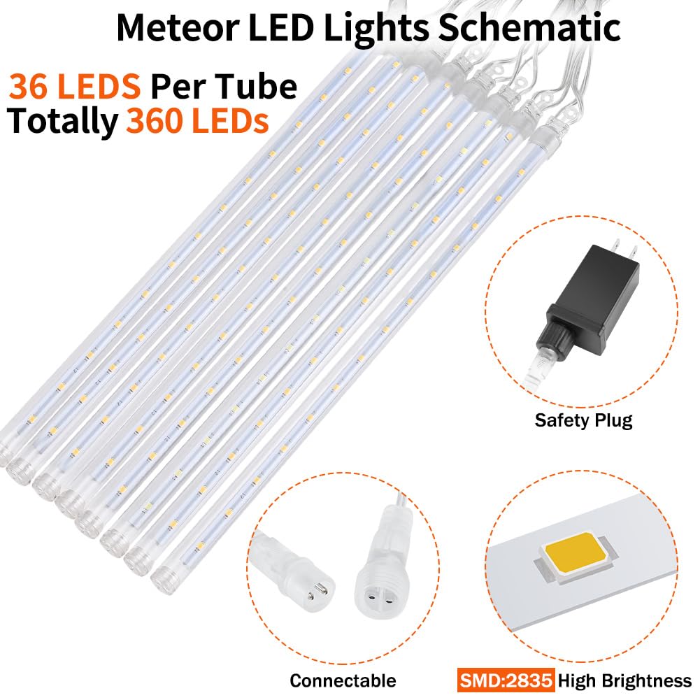 Jjgoo ?4 Pack? Christmas Lights Meteor Shower Rain Lights 20Inch  Totally 40 Tube 1440 Leds Icicle Light Outdoor Raindrop Light For Xmas Halloween Wedding Party Tree Holiday Decoration  White